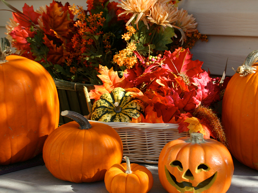 Halloween decor with pumpkins on front porch during Halloween in Raleigh